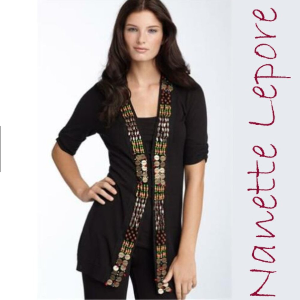 🎉HP🎉Nanette Lepore *RARE* 1000 Temple Embellished Cardigan in Cedar Brown, EUC